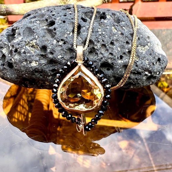 Natural Black Spinel Citrine Pendant Solid 14k Yellow Gold - no Chain - Picture 9 of 10